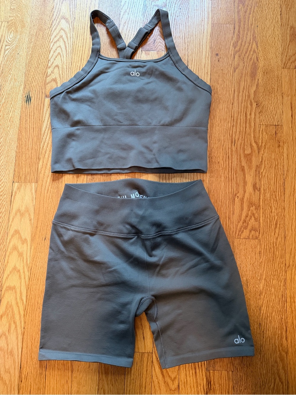 ALO Yoga Charcoal Gray Sports Bra and High-Rise Bike Shorts Set
